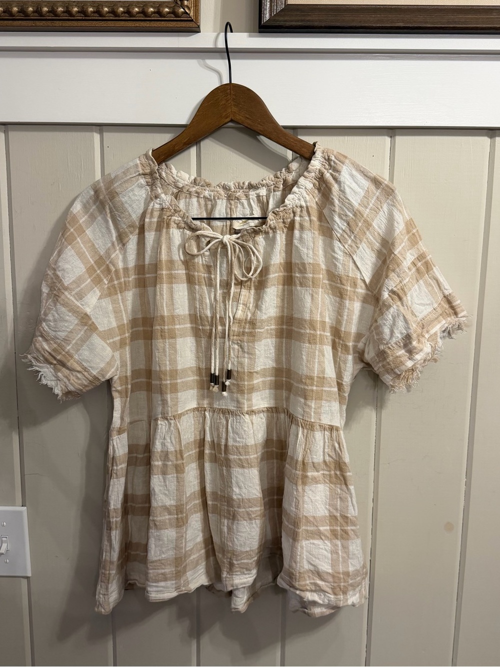 Anthropologie Beige & White Plaid Linen & Cotton Peasant Babydoll Top, Size XS